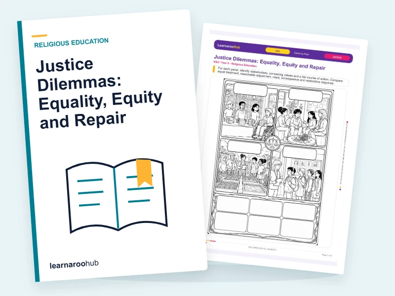 Justice Dilemmas: Equality, Equity and Repair — colouring sheets cover