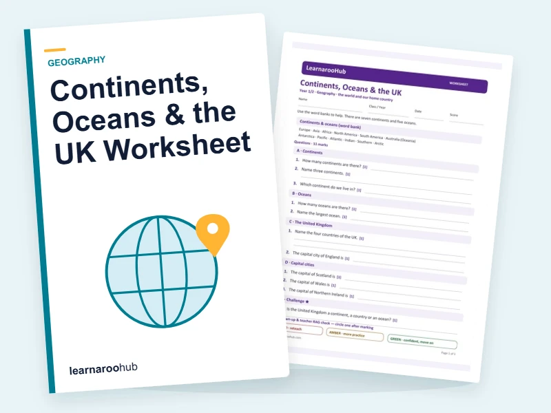 Continents, Oceans & the UK Worksheet — printable / pdf cover