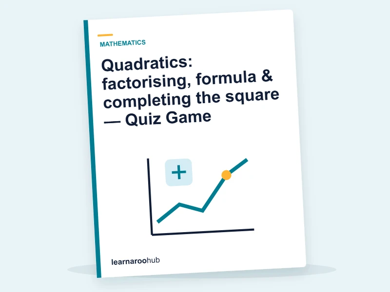 Quadratics: factorising, formula & completing the square — Quiz Game — quiz cover