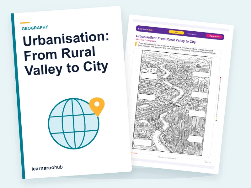 Urbanisation: From Rural Valley to City — colouring sheets cover